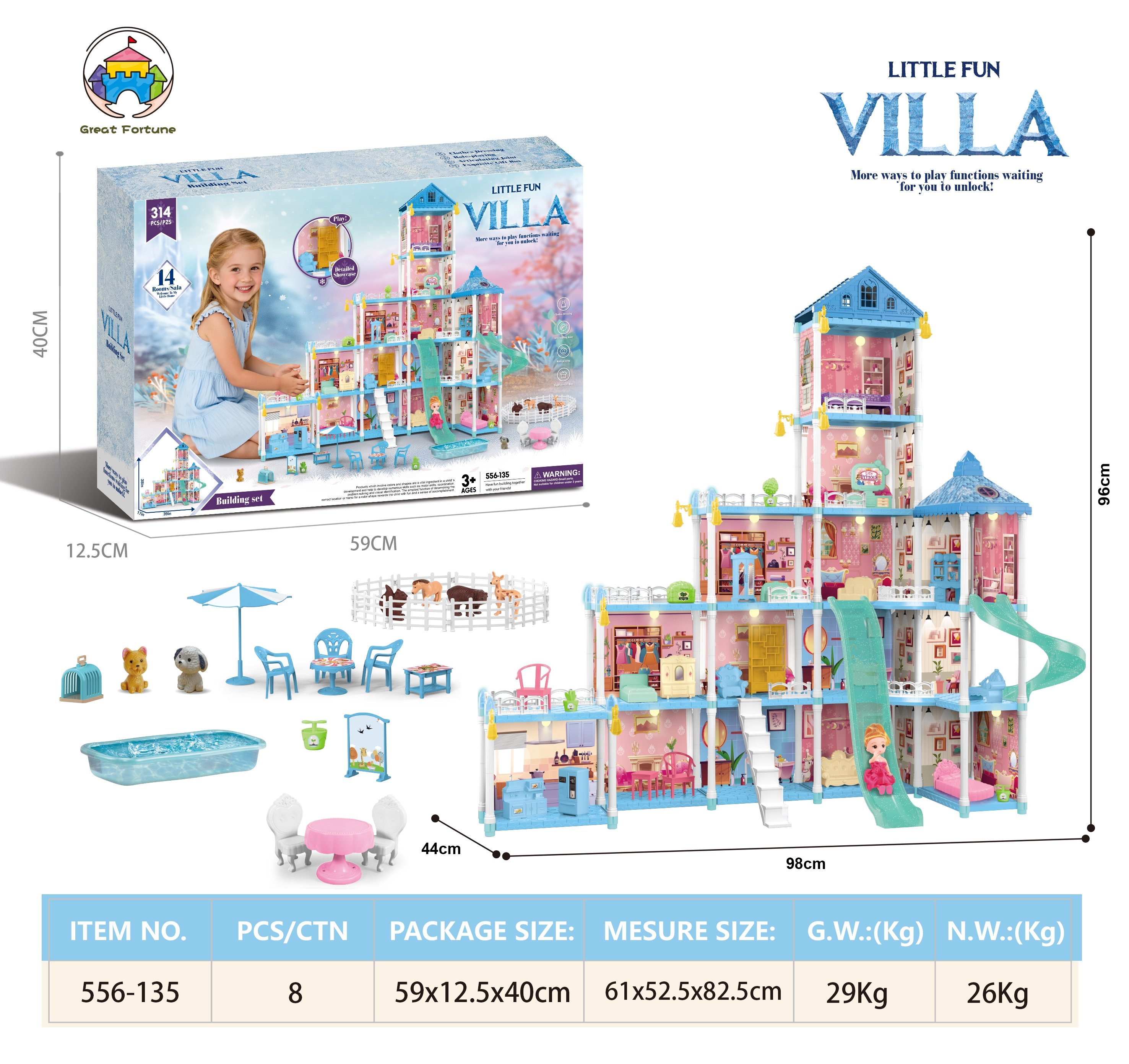 Кукольный домик-замок DIY с подсветкой, 314 деталей