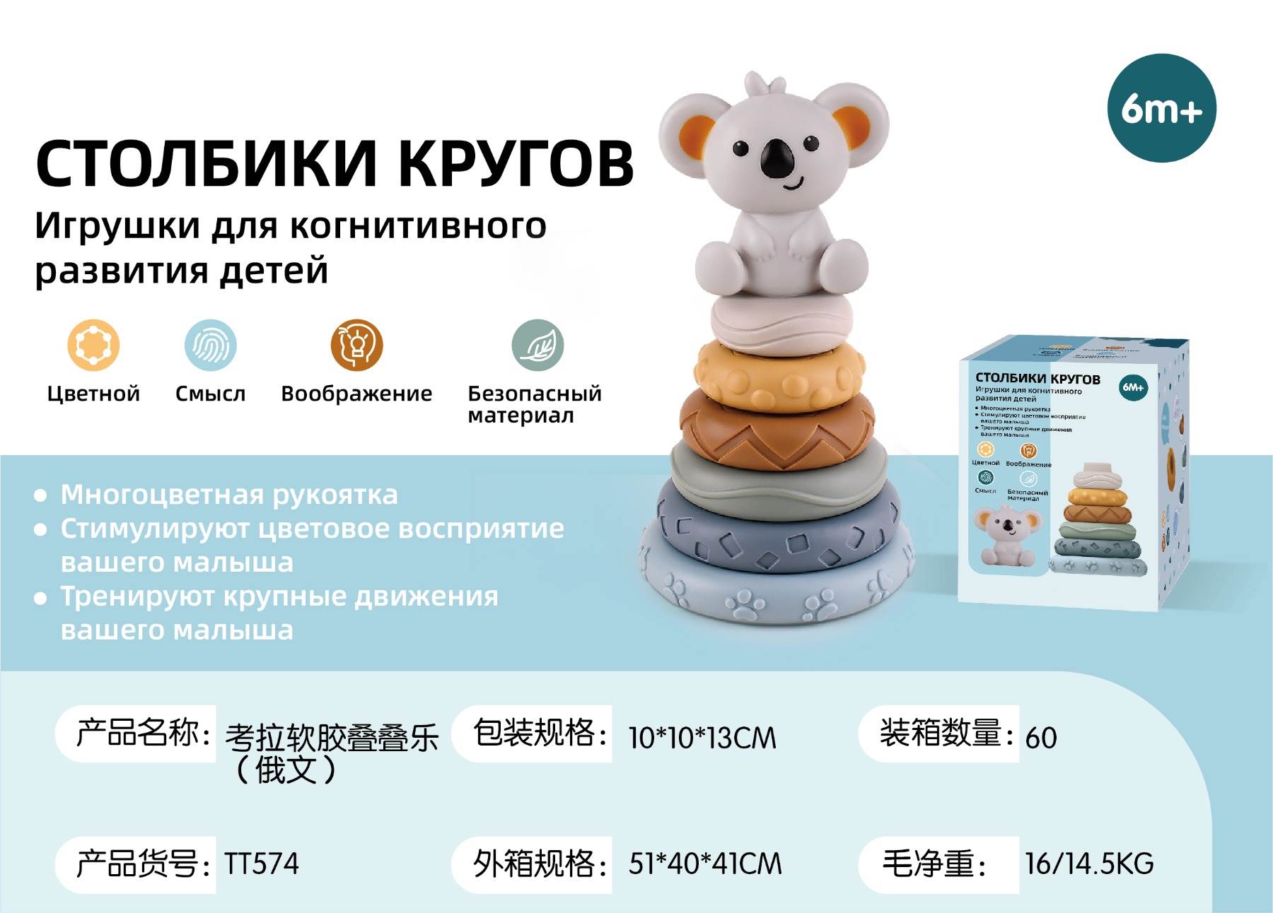 Мягкие силиконовые пирамидки-коалы для малышей (русская версия)
