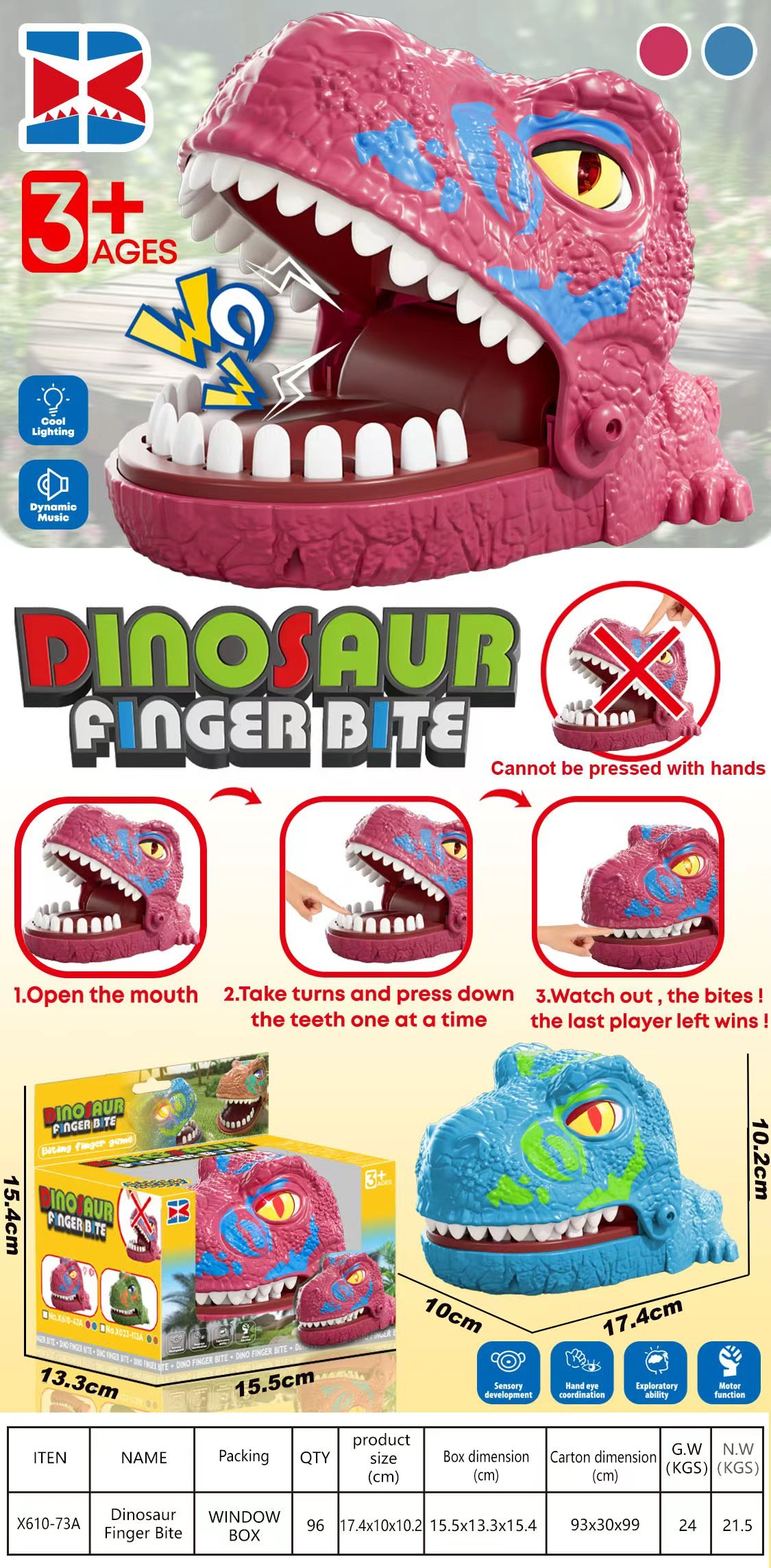 Интерактивная игрушка динозавр, кусает за палец, свет, звук