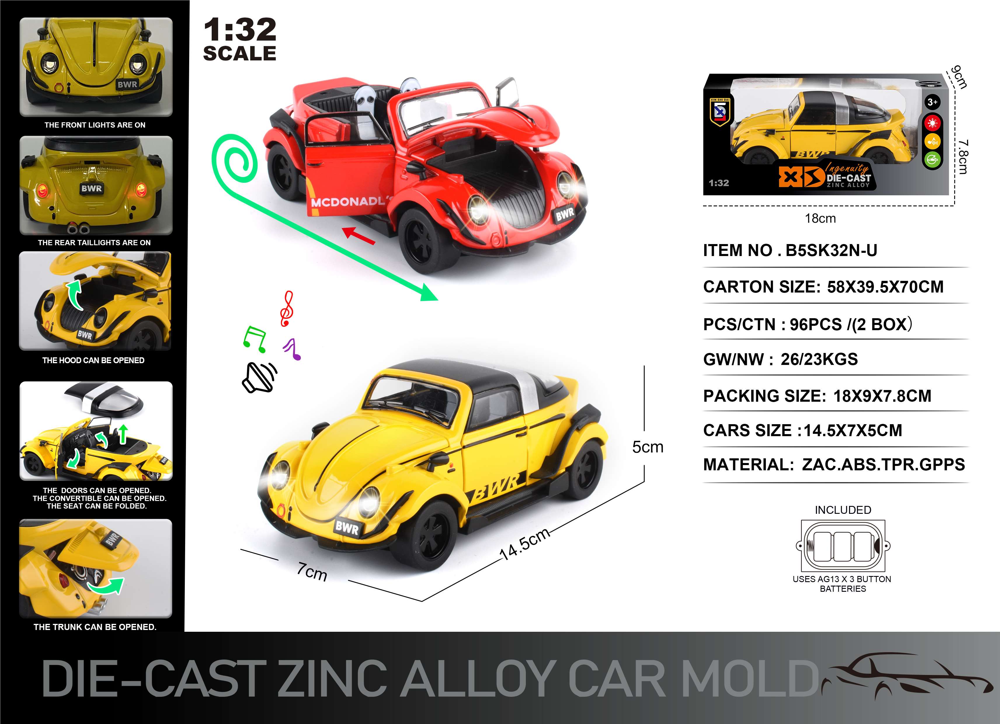 Металлическая модель Volkswagen Beetle 1:32 со светом и звуком