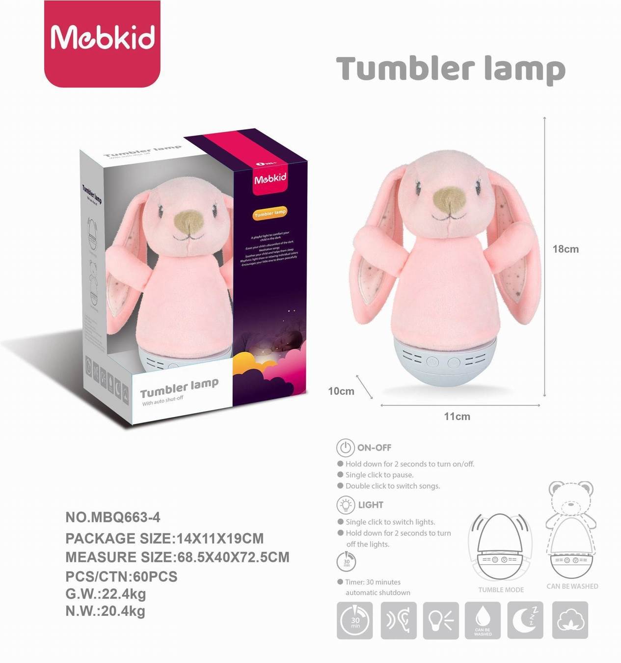 Неваляшка-зайчик A Baby Soothing Plush Tumbler, мягкая игрушка