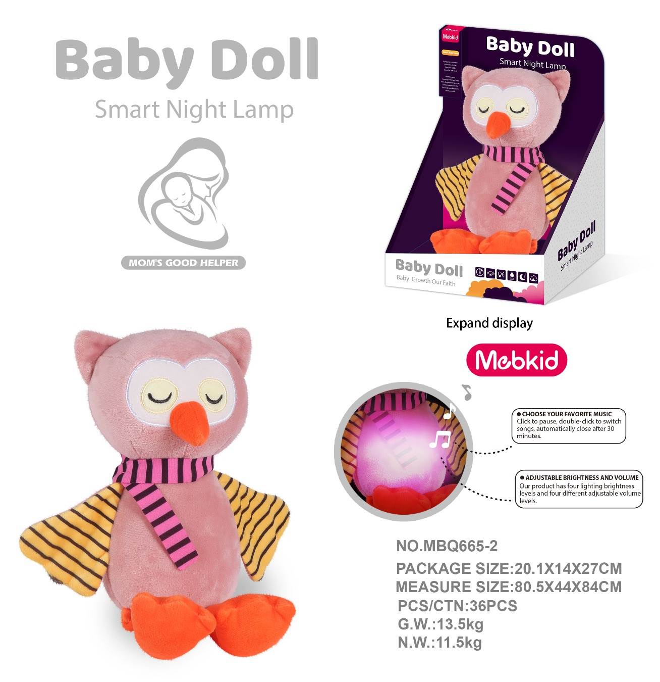 Ночник-игрушка мягкая "Сова", с музыкой и светом