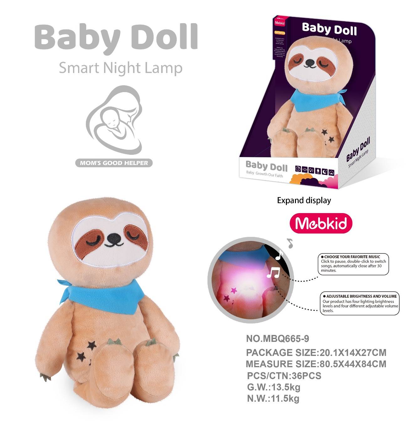 Ночник-игрушка Сплюшка-Ленивец, мягкий, музыкальный