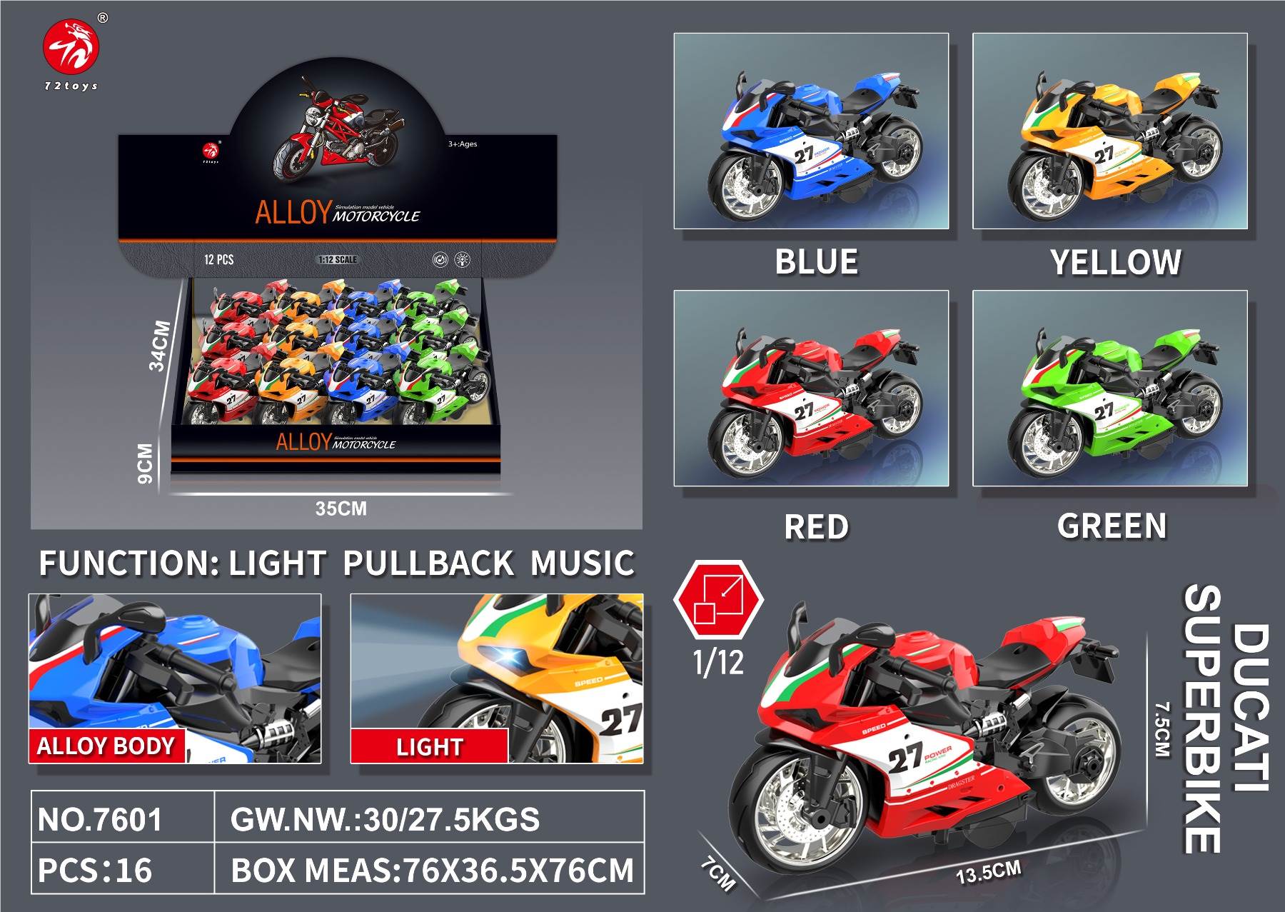 Модель мотоцикла Ducati, инерционный механизм, сплав