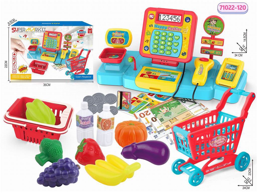 Игровой набор: тележка, касса, фрукты