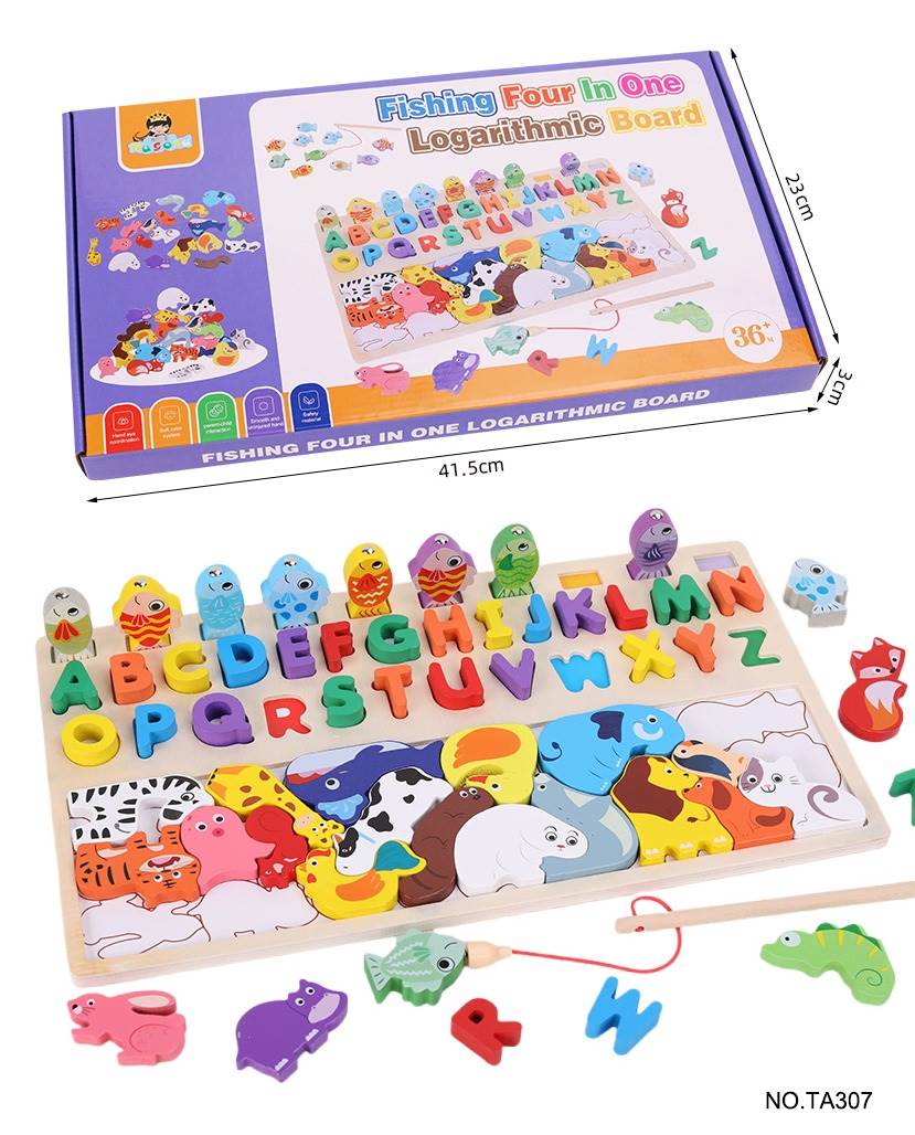 Деревянная развивающая игра 4 в 1: рыбалка, буквы, цифры