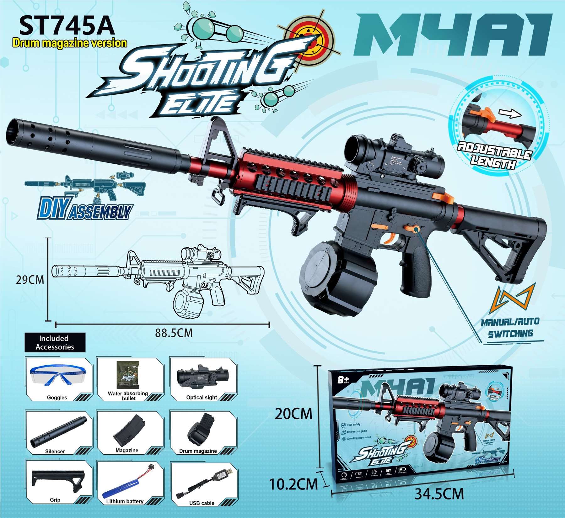 Большой M4A1 черно-красный DIY с магазином и барабаном