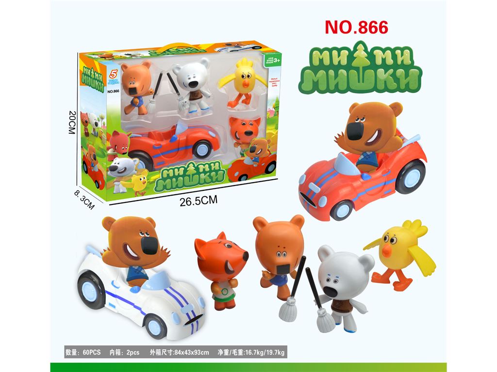 Мини-фигурки Mimi Bear: 4 животных + машинки