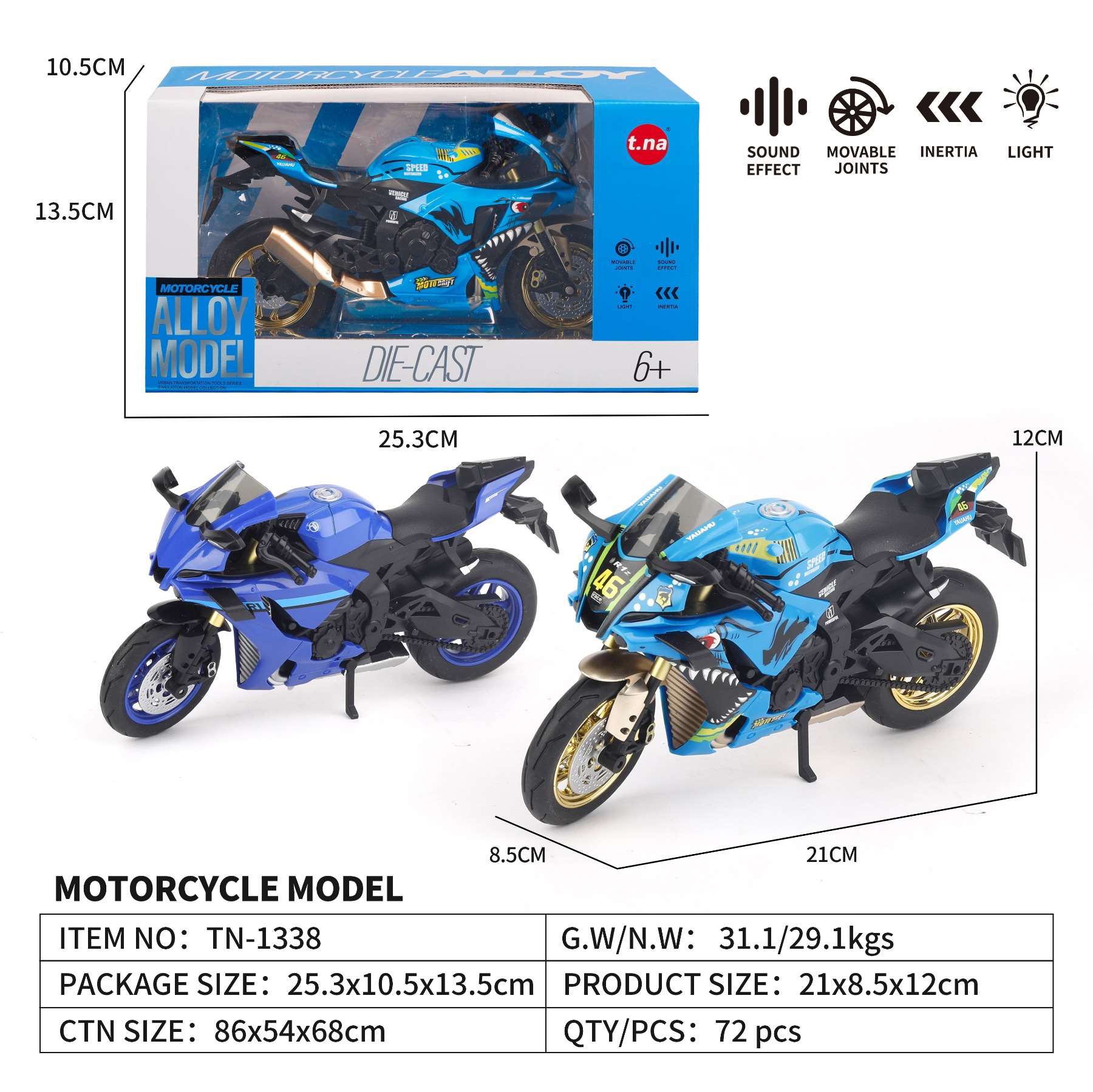 Металлический мотоцикл Yamaha со светом и звуком, 1:12