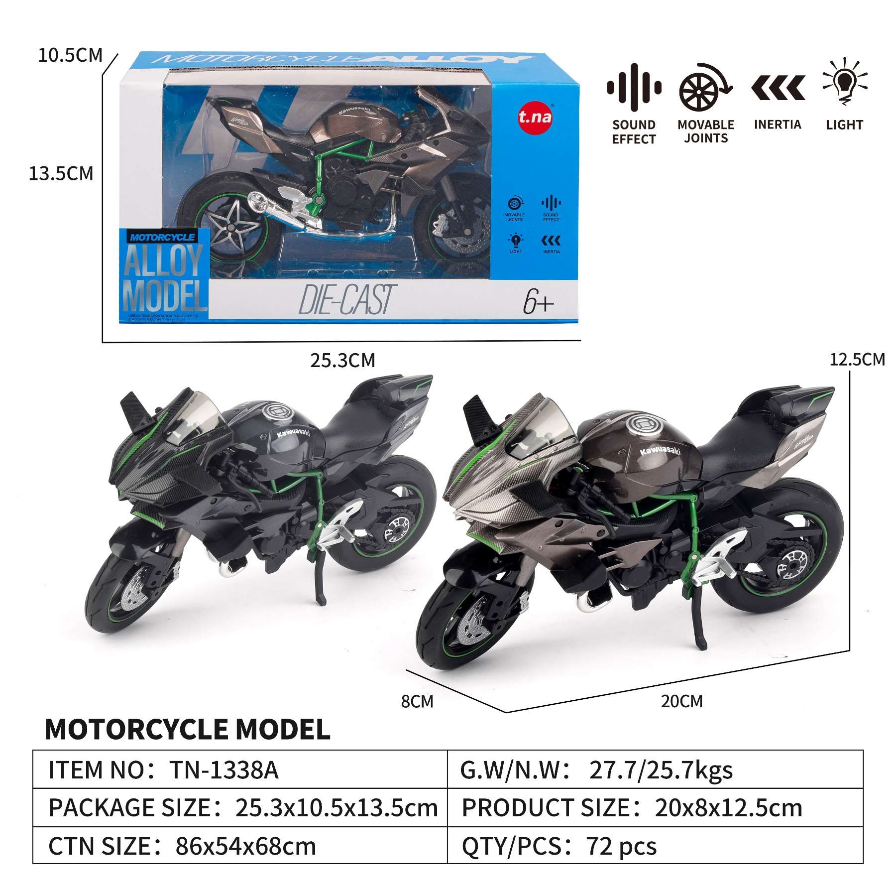 Металлический мотоцикл Kawasaki со светом и звуком, 1:12