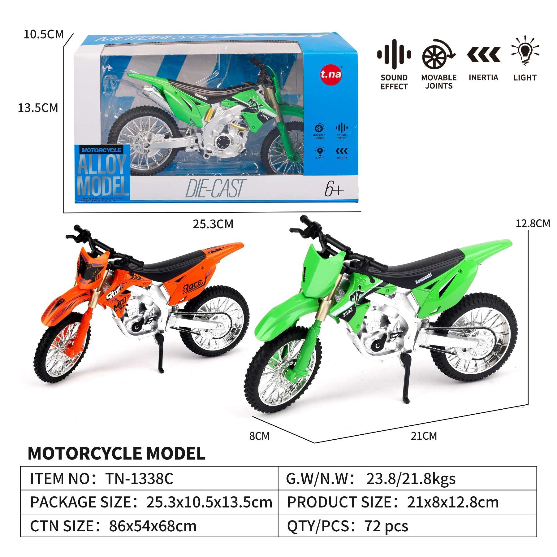 Металлический мотоцикл Kawasaki со светом и звуком, 1:12
