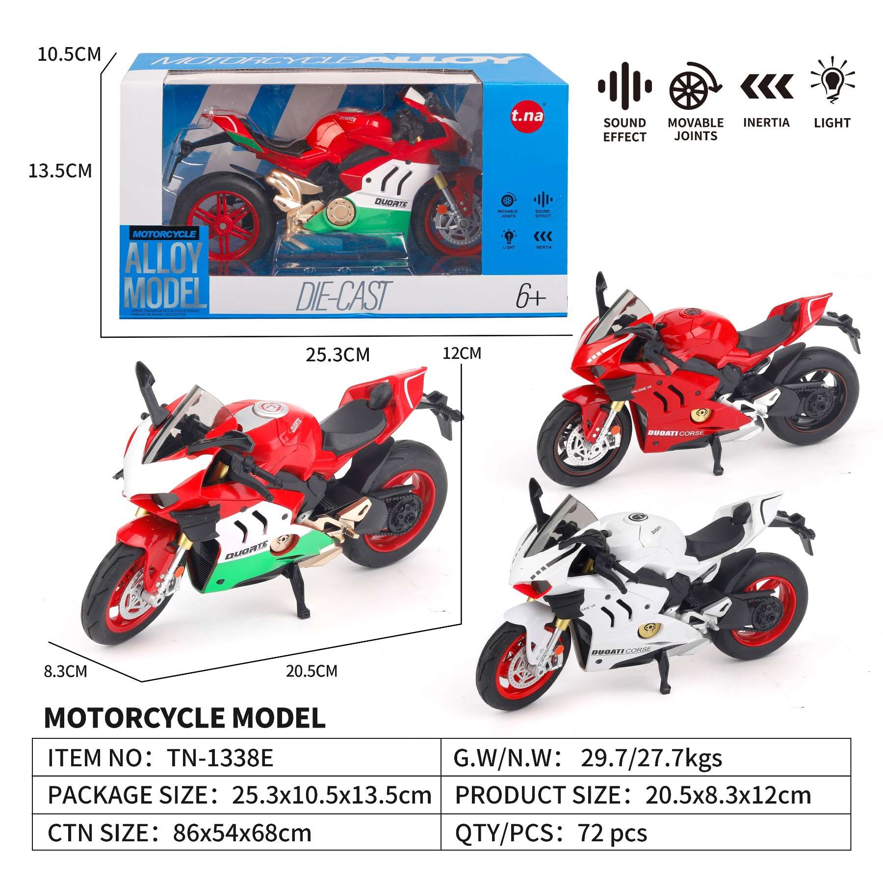 Металлический мотоцикл Ducati со светом и звуком, 1:12