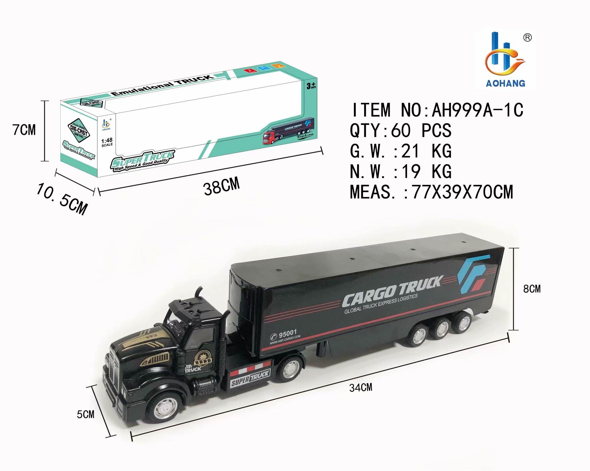 Металлическая модель контейнеровоза с длинным тягачом, масштаб 1:48