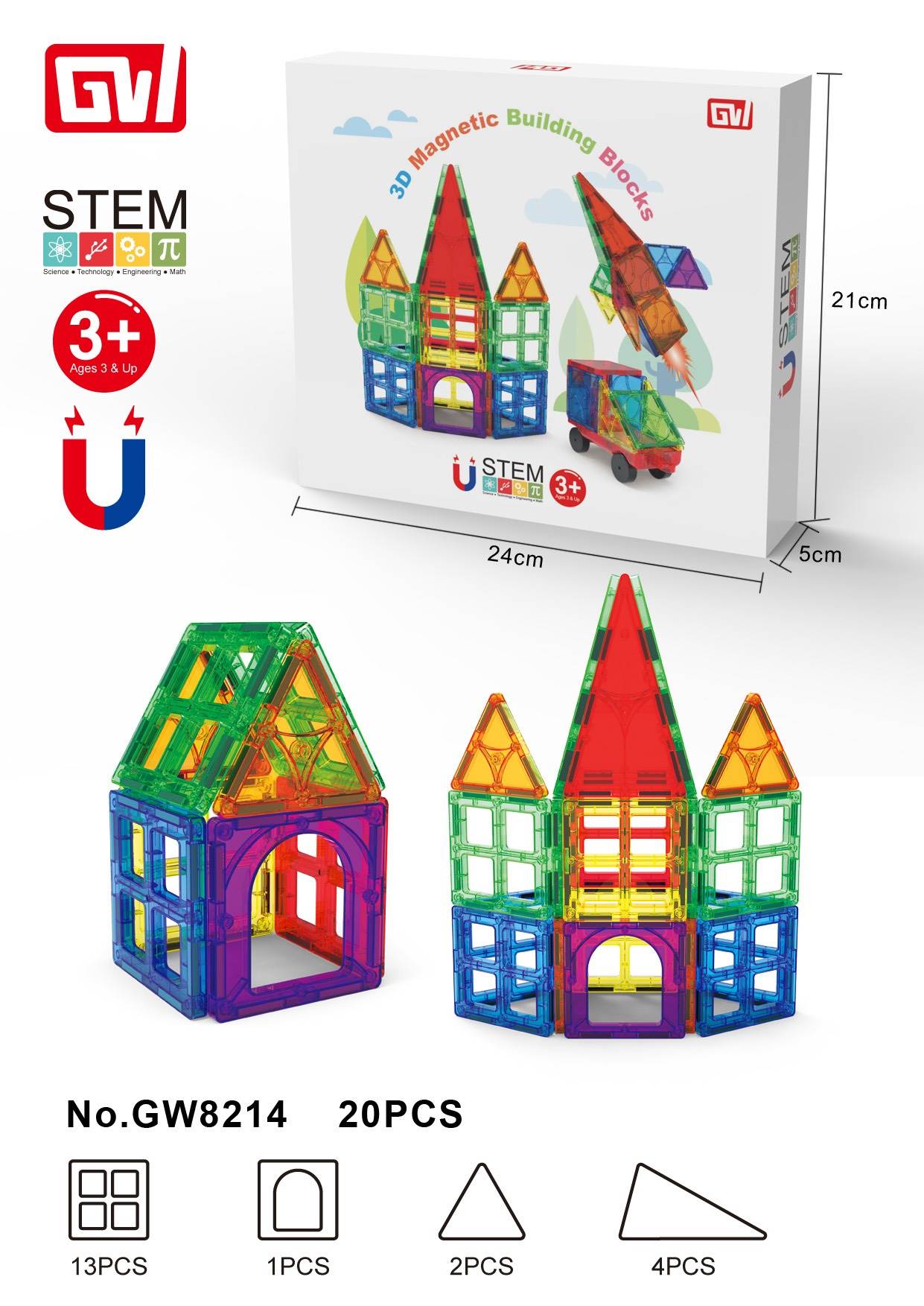 3D магнитный конструктор с цветными окнами, 20 деталей