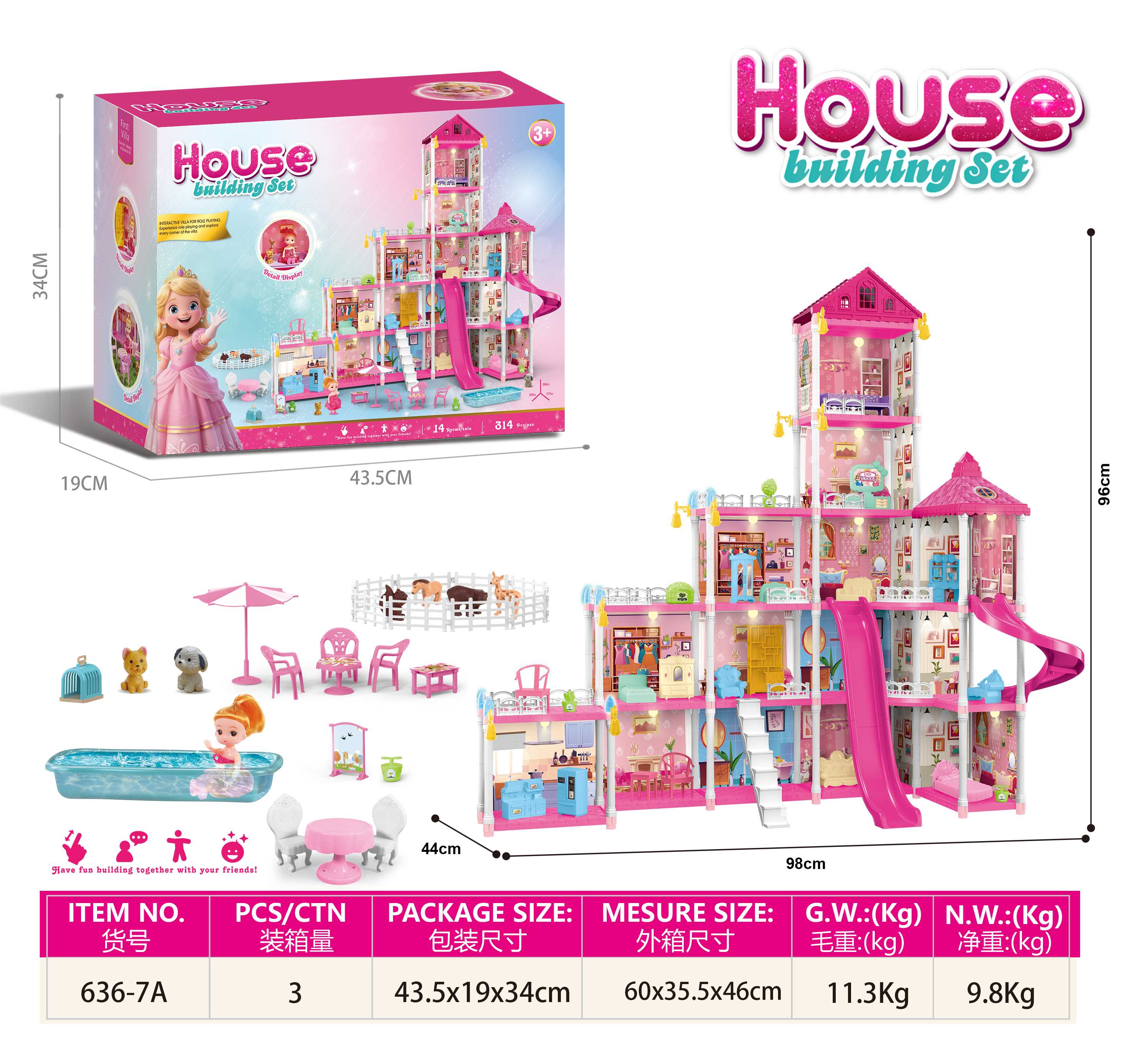 Кукольный домик-замок DIY с подсветкой, 314 деталей