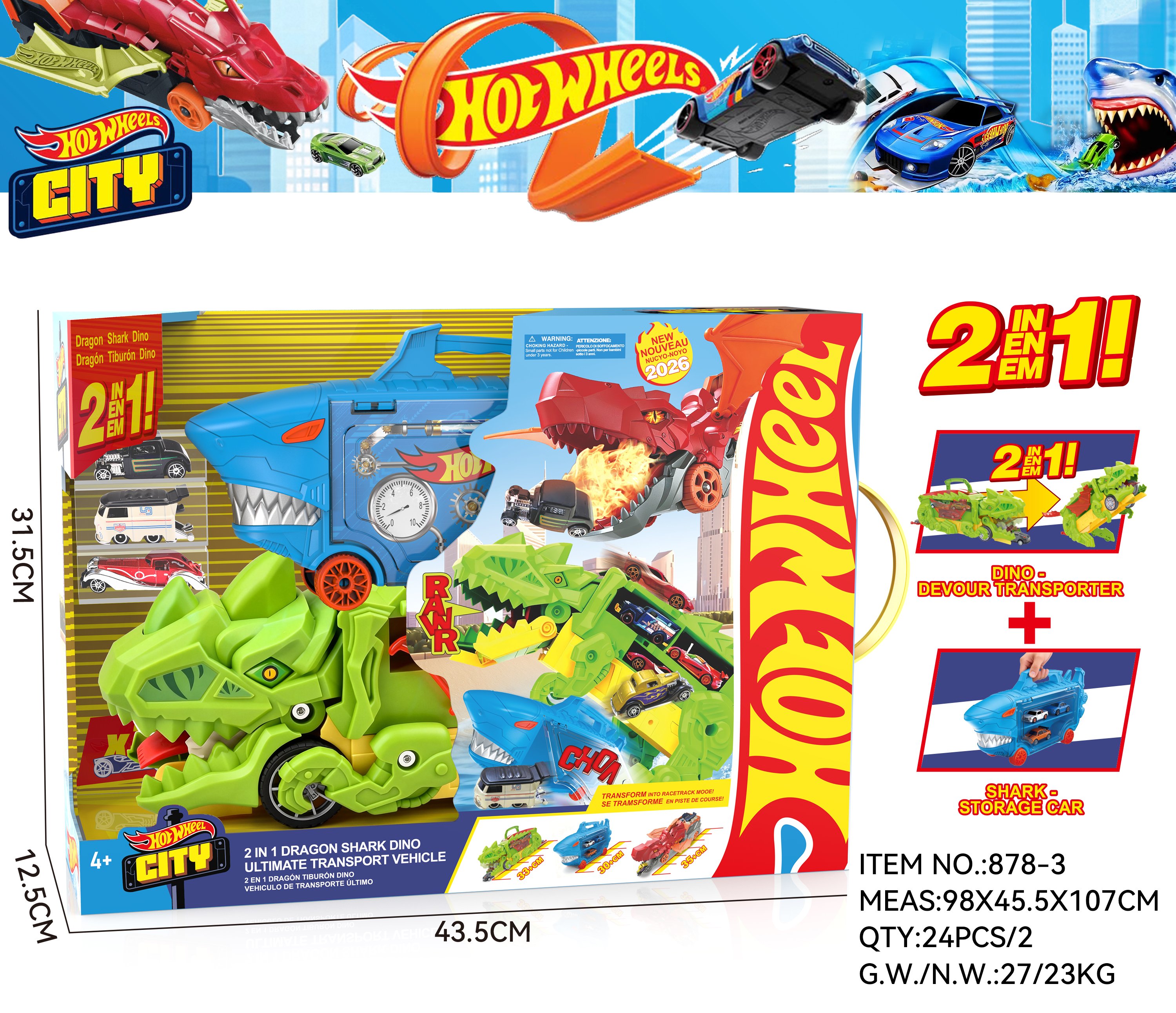 Игровой набор Hot Wheels: Акула-транспортер + Дино-грузовик с 3 машинками