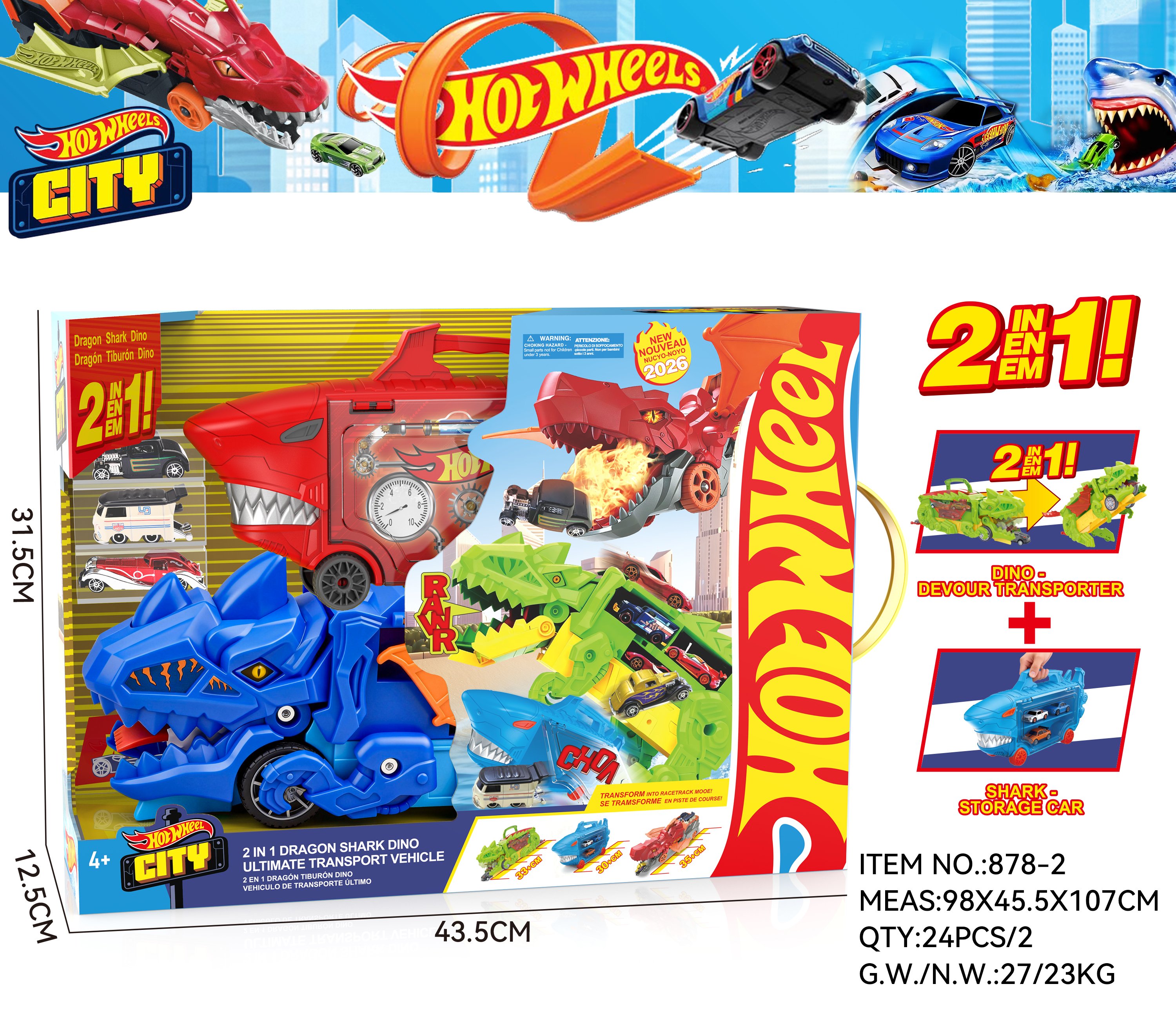 Игровой набор Hot Wheels: Акула-гараж и Дино-транспортер с машинками
