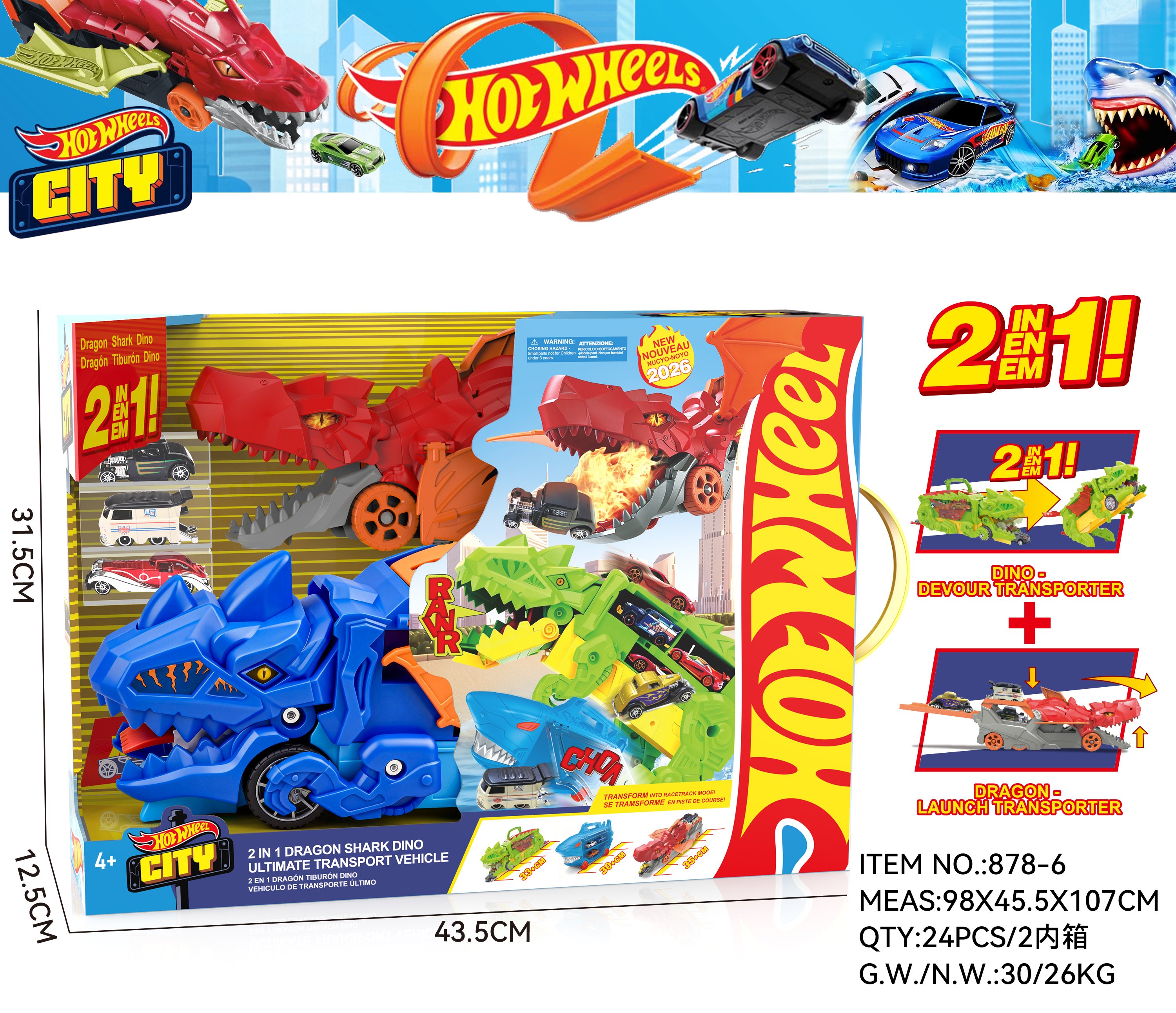 Игровой набор Hot Wheels: Дракон-транспортер и Дино-автовоз + 3 машинки