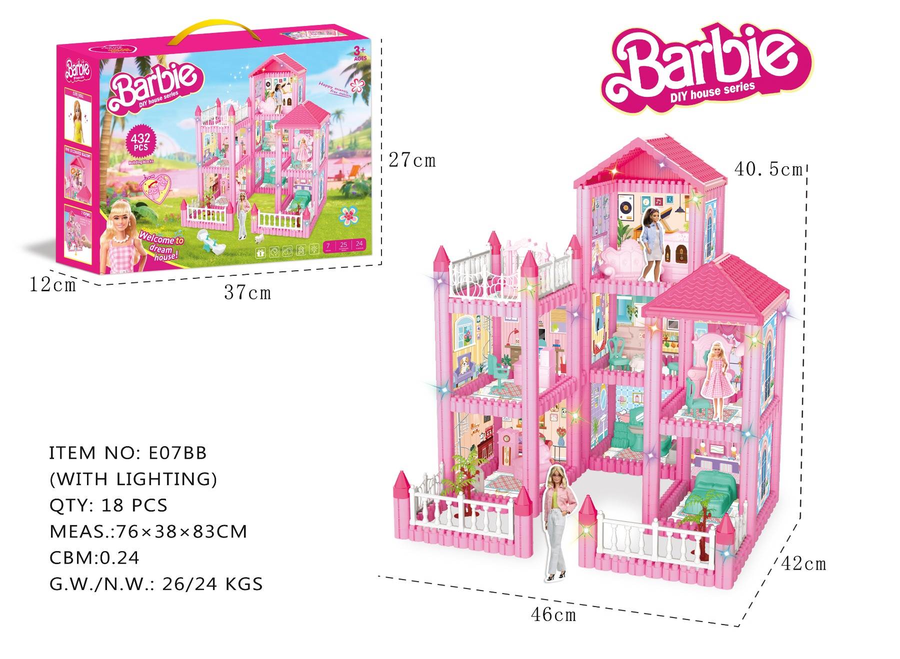 Кукольный домик-конструктор Barbie, 432 детали, с подсветкой