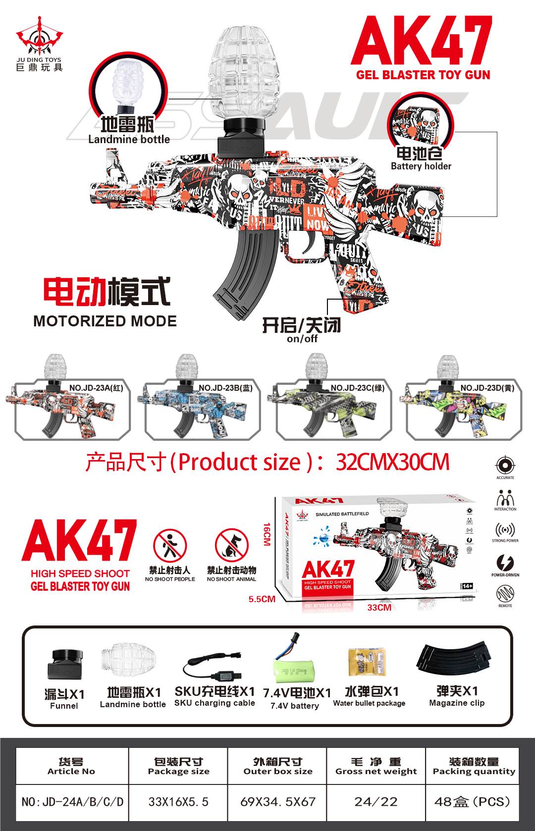 Мини-автомат AK47 на гидрогелевых пулях, 7.4V, красный череп