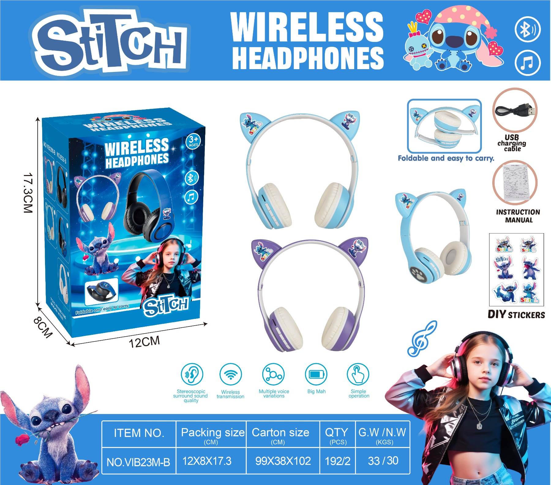 MP3 Bluetooth наушники Stitch, детские, оптом