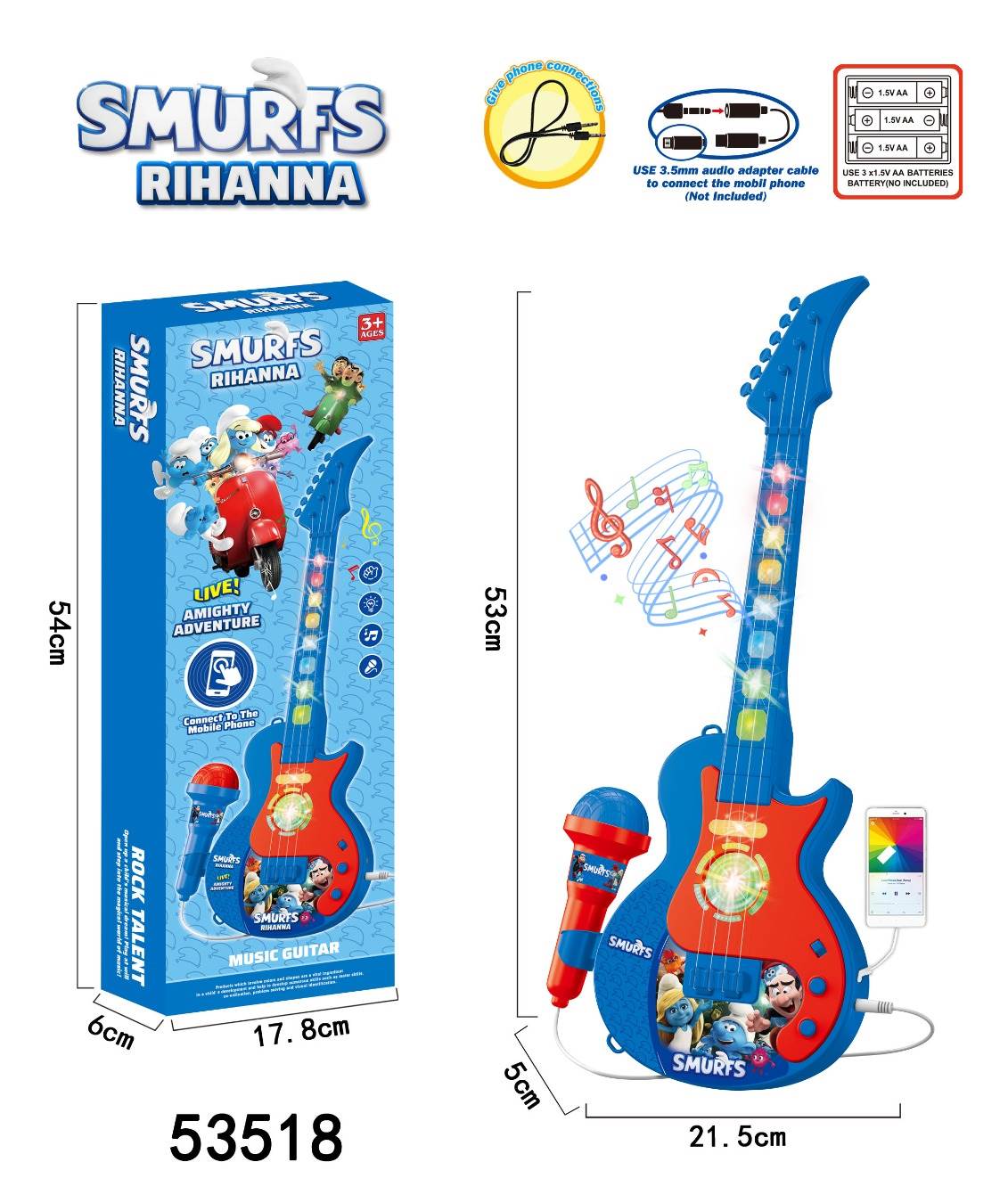 Детская гитара Smurfs с микрофоном, световые и звуковые эффекты