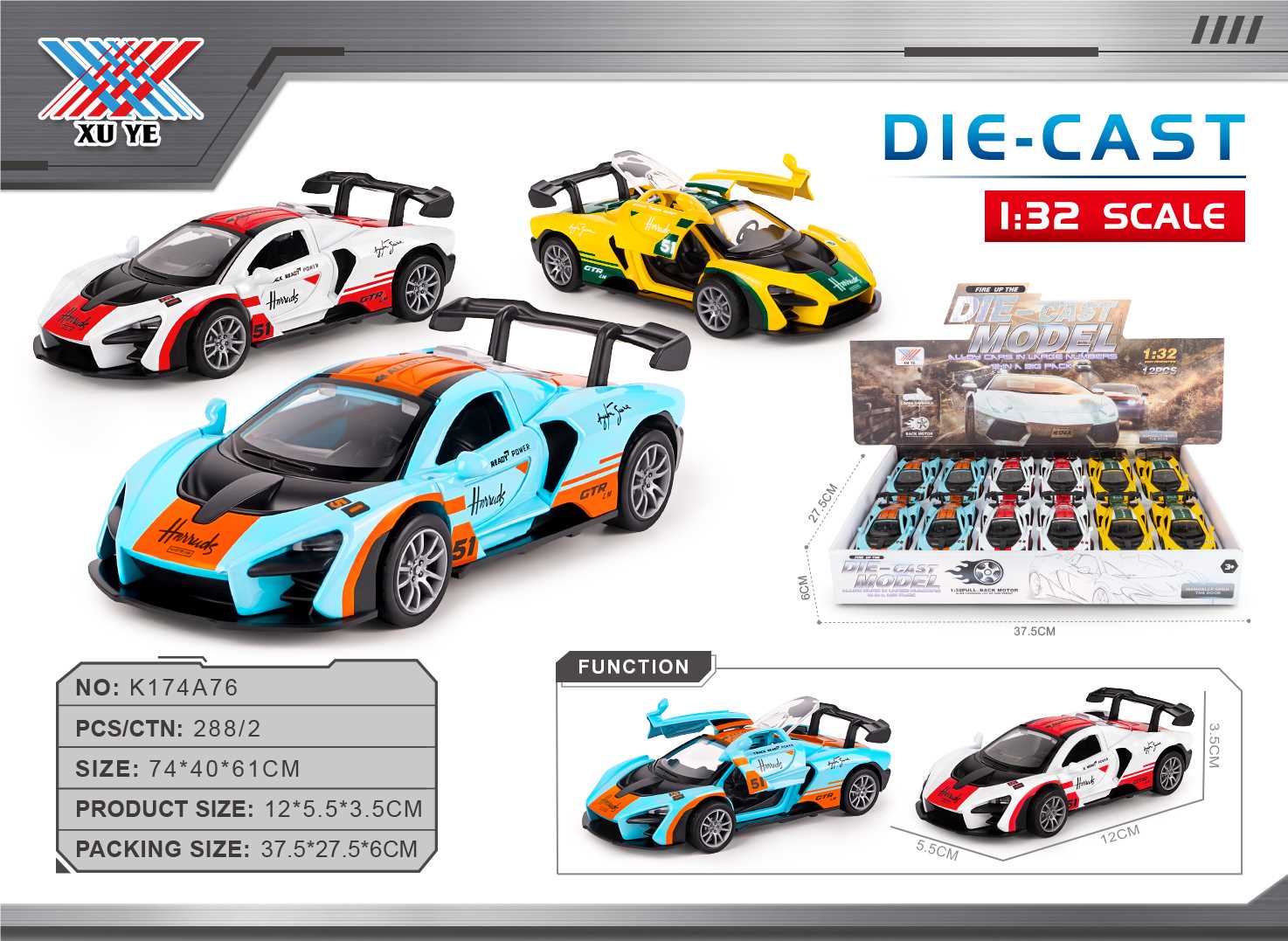 Машинки McLaren, сплав, 1:32, инерционные, 12 шт/уп
