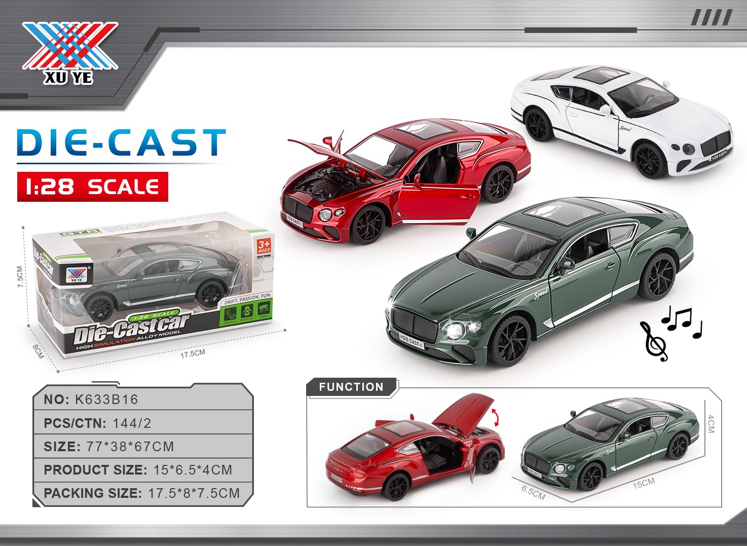Металлическая модель Bentley 1:28, свет, звук, 3 двери, инерция
