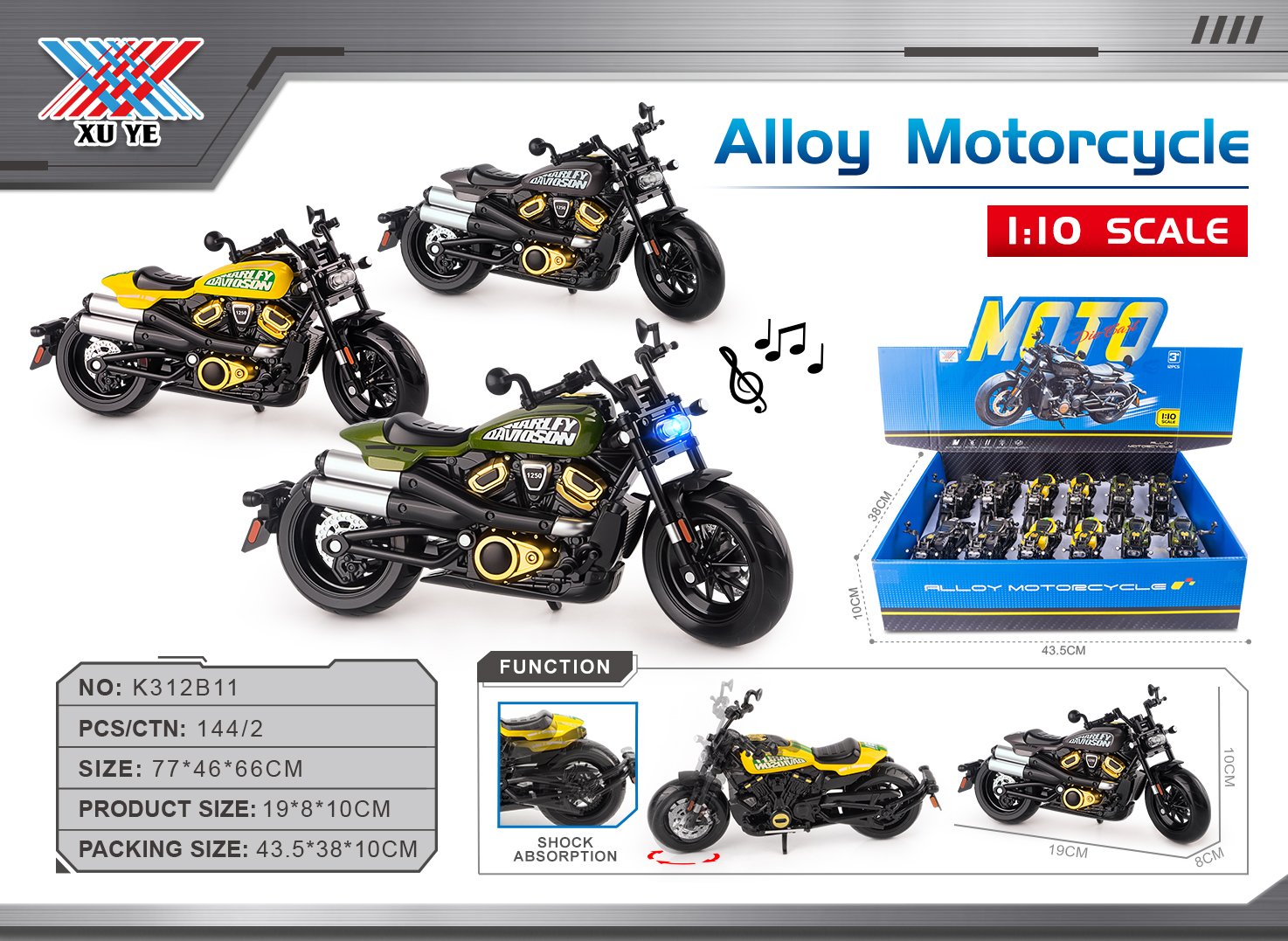 Металлическая модель мотоцикла Honda 1:10 со светом и звуком, 12 шт.