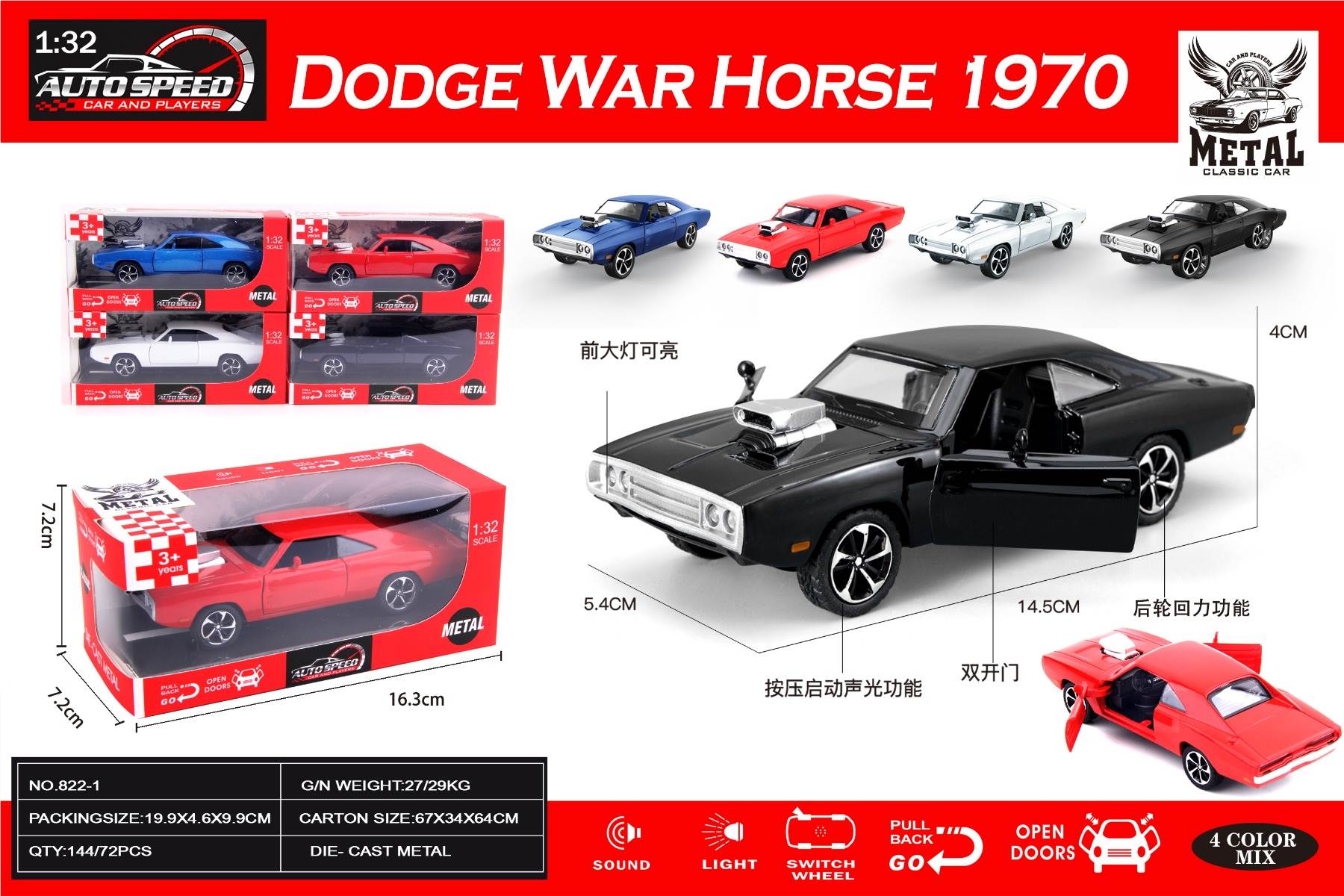Модель DODGE Charger 1970, масштаб 1:32, инерционная, металл