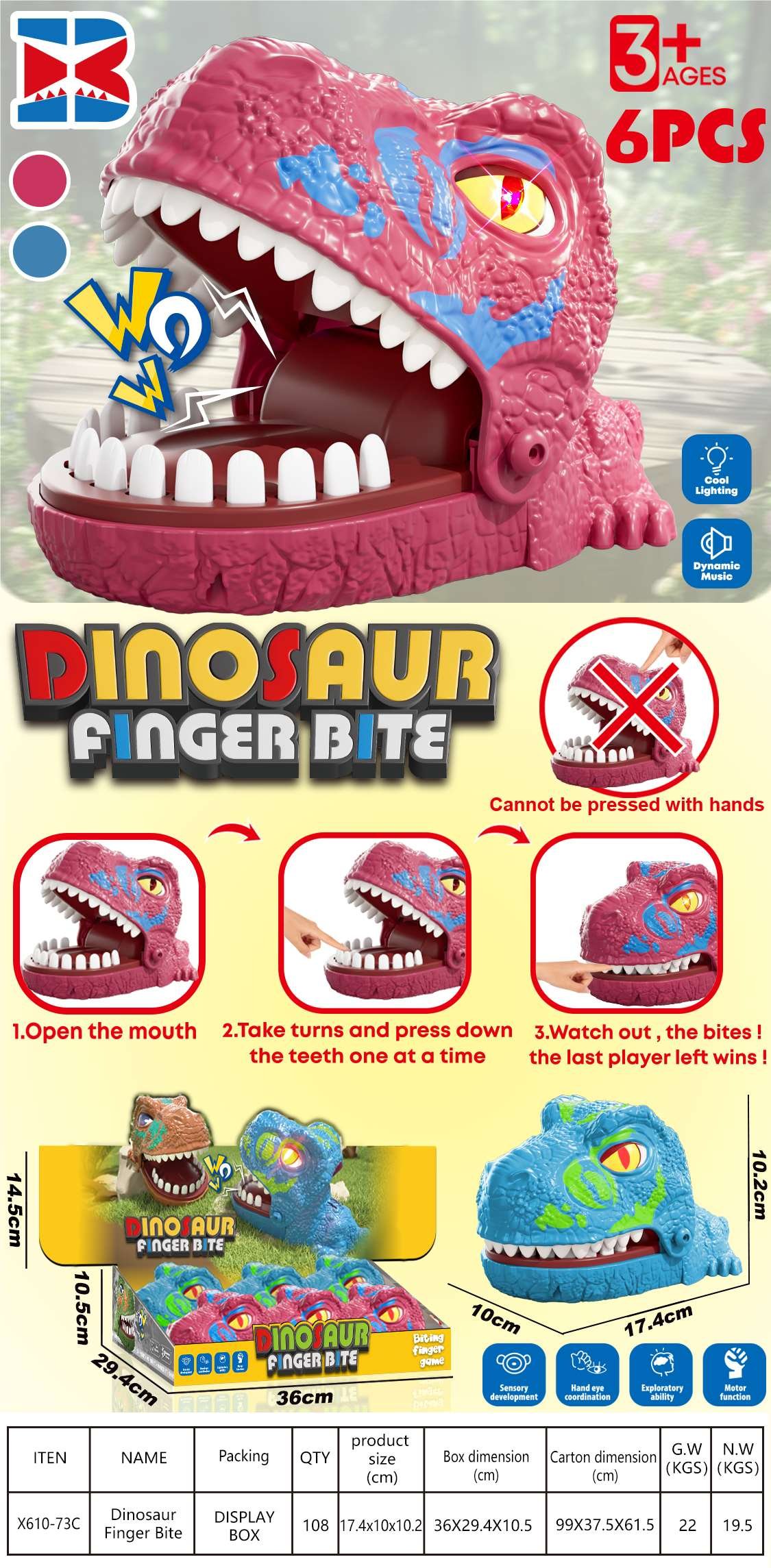 Интерактивная игрушка "Динозавр, кусающий за палец", со светом и звуком